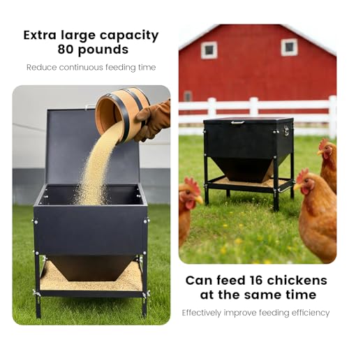 All Metal Chicken Feeding with Waterproof Lid and Handle，Adjustable 80 lbs Large Capacity No Waste Portable Automatic Chicken Feeder,for Chickens and Duck Poultry and Other Birds