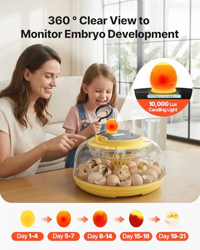VEVOR 18 Egg Incubator, Automatic Egg Turner with LED Candler, Temperature & Humidity Control, 360° View Clear Window, Auto Water Refill, Poultry Eggs Incubators for Hatching Chicks Ducks Goose Quail | for Hatching Chicks Ducks Goose Quail, LED Candler, T
