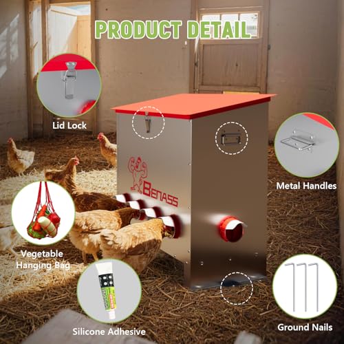 Metal Chicken Feeder, 150 LBs, 10 Ports | Automatic, No-Wase, Predator Proof Latch, Weatherproof, Anti-Tip Stakes, with Vegetable Hanging Feeder - size: 150 LB-10 Ports