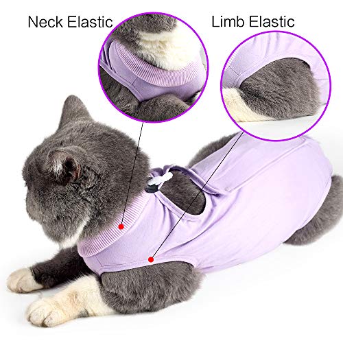 DOTON Cat Recovery Suit for Male and Female Surgical Post Surgery Soft Cone Onesie Shirt Clothes Neuter Licking Protective Diapers Outfit Cover Kitten Spay Collar(S, Purple) - color: Purple, size: Small