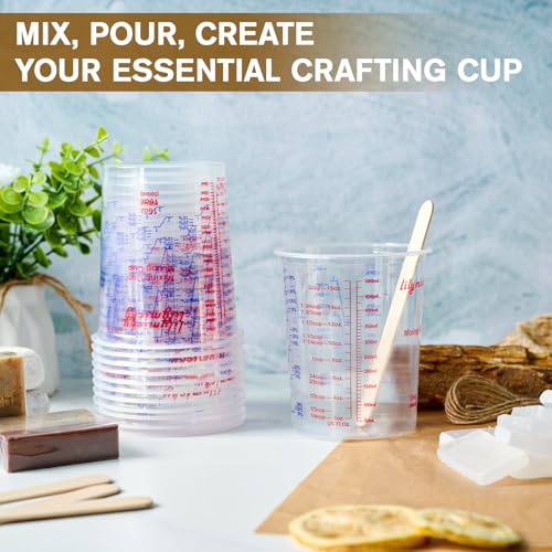 Lilymicky 16 oz Plastic Mixing Cups, 50 Pack 16 oz (500ml) Disposable Measuring Cups with 50 Wooden Mixing Sticks, Can Be Used for Epoxy Resin, Liquid Measuring, Paint, Cooking and Baking