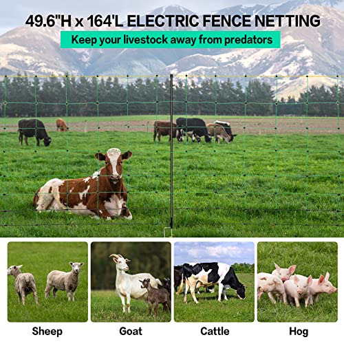 Electric Fence Netting, 49.6" H x 164' L, PE Net Fencing Kit with 14 Posts Double Spiked, Utility Portable Mesh for Sheep Goats Deer Hogs Dogs Lambs Used in Backyards Farms and Ranches, Green