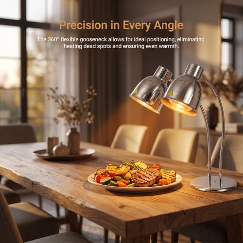 Food Heat Lamps with Dual 250w Bulbs Food Warmer Lights Food Heating Warmer Lamp Restaurant Kitchen Buffet Warmer Table (Double Head)