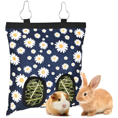 Upgraded Rabbits Hay Feeder Bag for Bunny, Guinea Pigs, Chinchillas - Hanging Washable 2-Hole Hay Dispenser with 600D Oxford Fabric, Small Animal Cage Accessories (Blue Daisy) - color: Blue Daisy