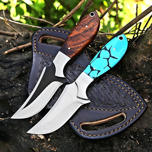 Custom Handmade 7'' fixed blade hoof rasp knife Cow boy knife Turquoise Handle Damascus steel Bull cutter, cowboy knives with pancake leather sheath (BLUE RESIN) - color: BLUE RESIN