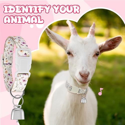2 Pack Floral Goat Collars with Bells, Adjustable Nylon Sheep Collar 13.7-20.5 in, Loud Copper Bell Pet Anti Lost Grazing Collar for Small Farm Animal Goat Lamb Sheep Accessories, White Pink - style: Floral