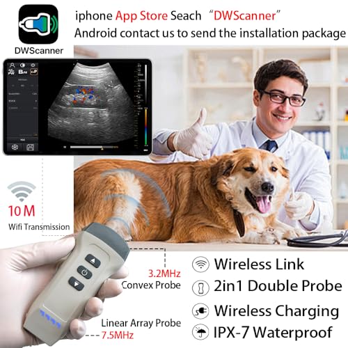 Dual Probe Wireless Color Doppler Ultrasound Machine 3.2MHZ and 7.5MHZ Probe, Wireless Ultrasound Machine for Android and iOS, Handheld Ultrasound Scanner for Dog, Cat, Horse, Pig, Sheep