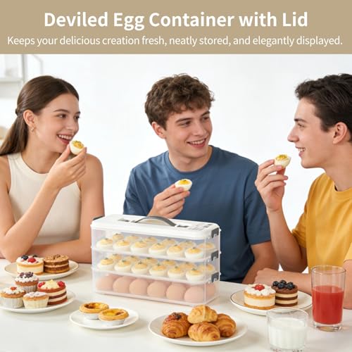 Homaisson Deviled Egg Container with Lid, 3-layer Egg Carrier Trays with 36 Slots, Clear Stackable Storage Container with Handle for Refrigerator, Pantry, Travel, 12.2x4.8x6.7