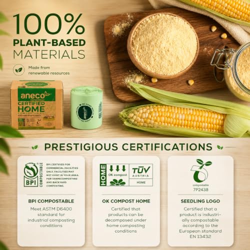 (Include 10 Bonus Bags) ANECO 100% Compostable Waste Bags 2.6 Gallon | Extra Thick Kitchen Small Compost Bags for Countertop Bin, 110 Count (100 + 10 Extra) - color: 2.6 GAL (Flat Top Bags, 100 Count)