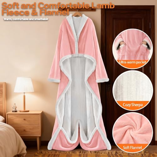 Wearable Heated Blanket With Sleeves & Foot Pocket, Heated Throw Blankets Fast Heating Blanket With 10 Heat Settings Auto Shut Off Over-Heat Protection-Warm Gift, Machine Washable, 52”*72”+18” - color: Pink