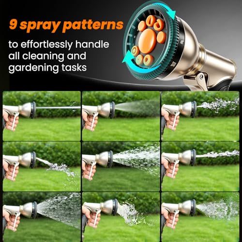ARXIVE 9-Pattern Brass Hose Nozzle, High Pressure Leakproof Water Sprayer | Versatile sprayer with non-slip grip,Ideal for garden,car and pets,Durable rustproof metal build for daily outdoor use