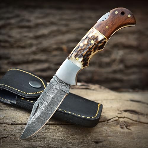 Poshland Steelware Custom Damascus Steel Folding Pocket Knife – Handmade, Compact for Outdoor, Camping, Hiking and Hunting (Brown) - color: Brown
