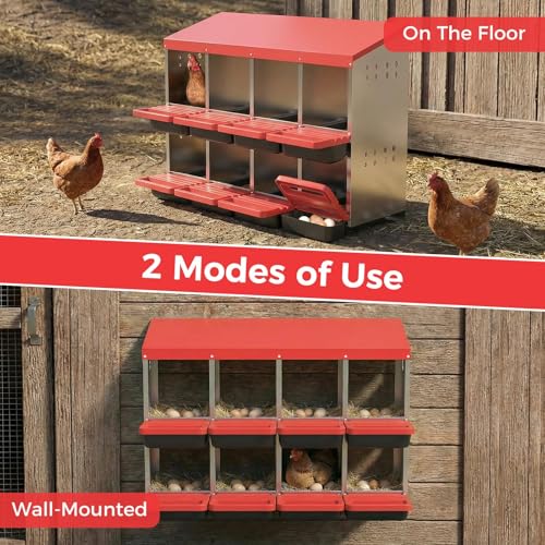 8-Compartment Chicken Nesting Box, Heavy Duty Galvanized Steel Poultry Nest Box, Wall Mount/Freestanding Design for Hens, Ducks, Backyard Homesteads & Farm Use, Red, with Soft Mats, No Stand - color: Red, size: 8 Room&Mat Board