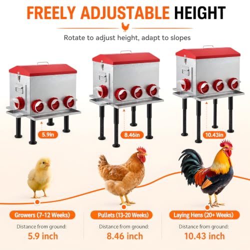 55 LB 10-Gallon Automatic Chicken Feeder, Large Metal Poultry Feeder with Window, 4-Sided No-Waste Feeding Design, Rust-Resistant Steel with Adjustable Legs for Outdoor Coops - size: 55 lb - 8 Ports