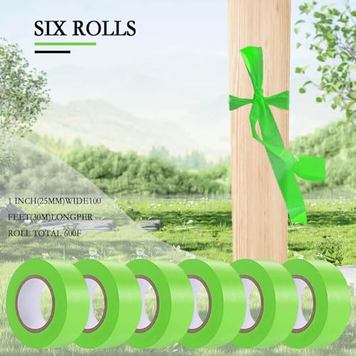 6 Pack Green Flagging Tape, Non-Adhesive Plastic Ribbon Neon Marking Roll | 1inch*600ft, Marking Tape for Tree Marking, Hunting, Boundaries Hazardous Areas,Trail Marking, Workplace Use - color: Green