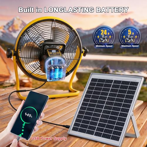 14 Inch Solar Powered Fan,360 Vertical Tilt Rechargeable Floor Fan,for Outside,Travel,Chicken Coop,Dog House,Shed,Greenhouse,Camping,Portable,Quiet
