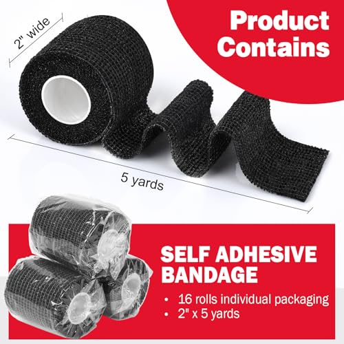 AZEN 16 Pack Self Adhesive Bandage Wrap Black, 2" X 5 Yards Black Athletic Tape, Vet Wrap, Tattoo Grip Tape Wrap，Ankle Tape, Cohesive Bandage Wrap - color: Black, size: 2IN - 16Pack