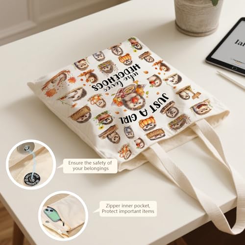 Aesthetic Canvas Tote Bag for Women - with Magnetic Snap Closure & Zipper Inner Pocket Reusable Totes Bag - color: Hedgehog1