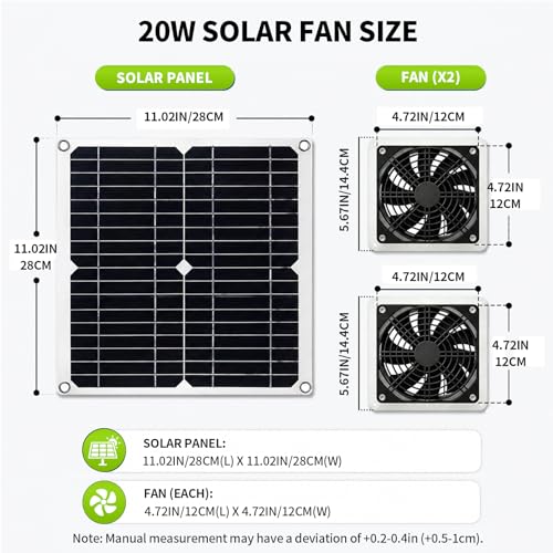 20W Solar Powered Fan for Chicken Coop,IPX54 Waterproof Solar Fan | Solar Exhaust Intake Fan Kit with 9.8ft On/Off Switch Cable,Solar Greenhouse Fan for Outside Greenhouse,Shed,Dog House - size: 20W