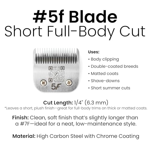 Fresh 5F Dog Grooming Blade, 1/4" (6.4 mm) Cut, Fits Andis, Oster, Wahl A5 Detachable Clippers, High-Carbon Steel with Chrome Coating, Clean Finish Blade for Short, Even Trims - size: 5F