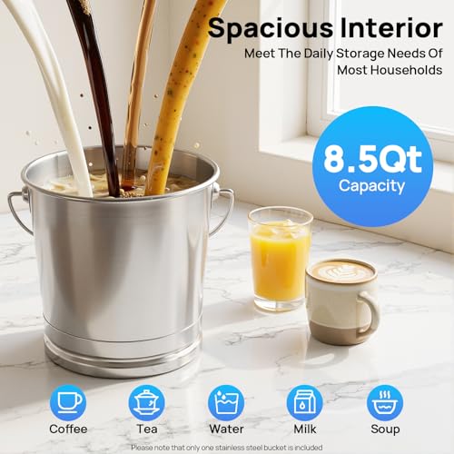 8L Stainless Steel Bucket with Lid & Handle, Silver Milk Pail | Metal Bucket Multipurpose Storage Container for Pet Food Rice Sand Ice - size: 8L
