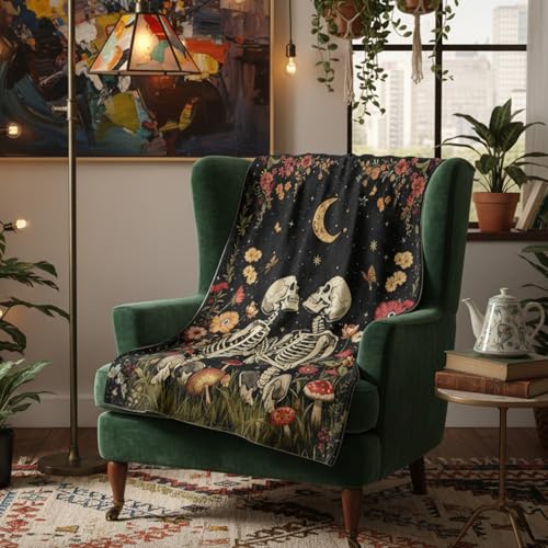 Gothic Moon Skeleton Blanket Gifts for Men Women Kids Romantic Floral Skull Throw Blanket Gifts 50"x60" - color: Black Red
