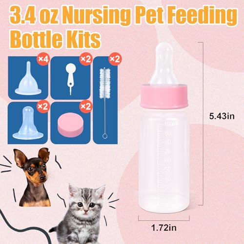 DEMORA Kitten Bottle Feeding Kit, Graduated Nursing Feeding Bottles for Pet Kitten Puppy Hamster Rabbit with Two Kinds of Replaceable Nipples Feeder (Clear, 3.4 oz) - size: 3.4 Ounce