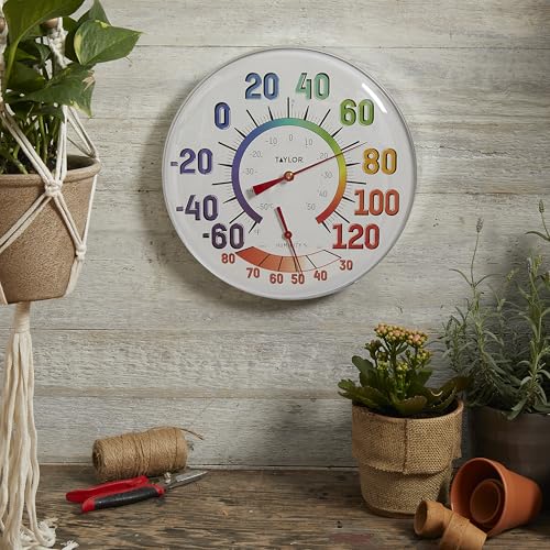 Taylor Metal Wall Indoor Outdoor Thermometer and Hygrometer, Easy to Read Numbers for Patio, Pool, and Indoor Areas, 12 inch, Multi