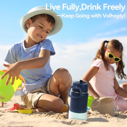 Volhoply 14oz KIds Stainless Steel Insulated Leakproof Water Bottle with Straw Lid and Silicone Boot,BPA-Free Easy Use for Boys&Girls,Double Wall Vacuum Bottles(Blue Green,1) - color: Blue Green