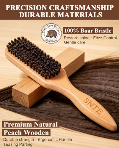 100% Boar Bristle Slick Back Hair Brush | Natural Peach Wood Handle | Restores Shine, Controls Frizz, Smooths Flyaways | Teasing Adds Volume Styling Tool | For Sleek Ponytails, Buns & Beard Grooming