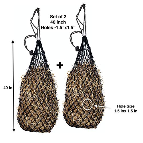 Majestic Ally 2 pcs Ultra Slow Feed 1.5"x1.5" Holes 40” Hay Net for Horses and livestocks (Black) - color: Black