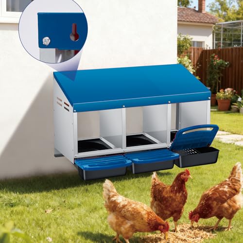 3 Hole Chicken Nesting Box - Heavy Duty Metal Chicken Laying Box, Easy Egg Collection & Cleaning with Removable Tray for Poultry Coop, Backyard, Farm - color: blue, size: 3 holes