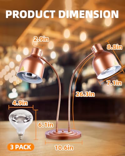Food Heat Lamp: [Rapid-Heating Bulbs Included] [Steady Heating] Commercial Food Warmer Lamp, Electric Heat Lamp for Food Catering Food Warming Lamp for Buffet Parties (Painted Copper, 32" (2-Head)) | Catering Food Warmer Lamp, Commercial Heat Lamp for Foo