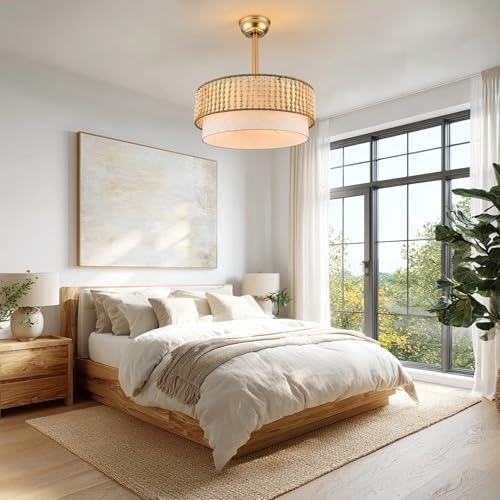 20" Gold Fandelier Ceiling Fan with Lights Boho Caged Ceiling Fan | Small Enclosed Fabric Chandelier for Bedroom Nursery Living Room, Reversible DC Motor 6 Speeds, 4 E26 Bulbs (Not Included) - color: Double Layer