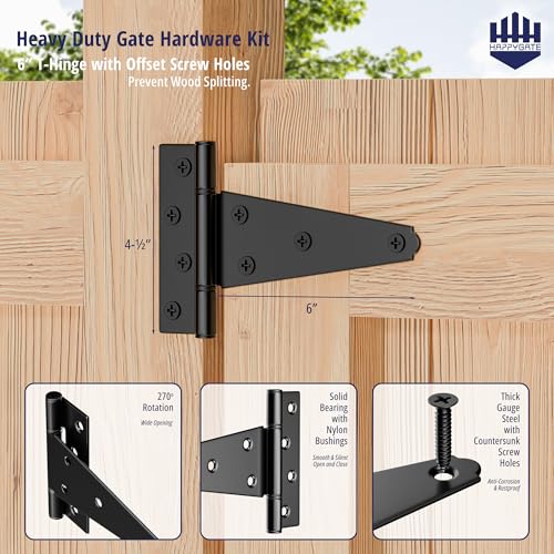 HAPPTGATE Heavy Duty Fence Gate Hardware Kit, 6in Gate Hinges and Latch Set | Heavy duty gate kit for wooden fence with self locking gate latch, 6in t-strap gate hinges, door pull handle for vinyl fence