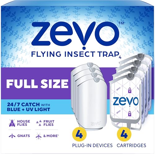 Zevo Flying Insect Trap for Fruit Flies & Gnats, 4 Bases & 4 Refills | Fly Trap Catches House Flies, Gnats & Fruit Flies 24/7, Spray-Free, Odor-Free, Blue & UV Light, Safe for Kids & Pets* - style: 4 Devices & 4 Cartridges