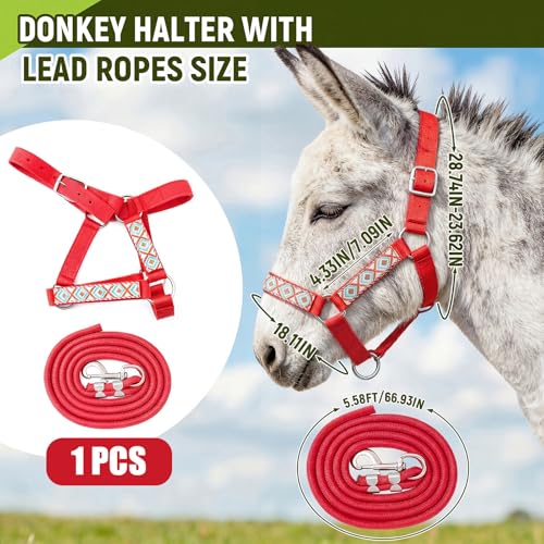 1 Set Mini Donkey Halter with Lead Rope Adjust, Red | Nylon Head Collar, Cute and Stylish, for Miniature Donkey and Small Equines, Farm Ranch Pasture Outdoor, Gingham Plaid Trim - color: Red
