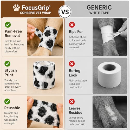 Premium Pet Vet Wrap — Non-Stick to Fur Self Adherent Bandage Wrap for Dogs, Cats & Horses, Breathable Cohesive Tape for Wounds, Paws & Legs, Animal Print Design - Pack of 2 - color: Cow Print