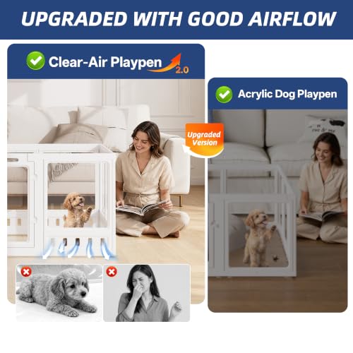 Clear-air Dog Playpen with Room Divider, Expandable Acrylic Dog Playpen to Create 2 Rooms, Clear Dog Play Pen Indoors, 24", 12 Panels, White - color: White, size: 24"H