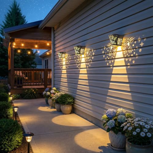 2 Pack Solar Fence Lights Outdoor Wall lihgts Decorations Metal Solar Deck Lights Waterproof LED Solar Powered Step Lights Warm White Light Decorative Lighting for Garden, Front Door, Backyard (metal) - style: metal
