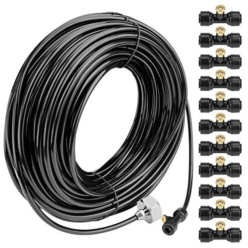 Misting Cooling System 98.4FT (30M) Misting Line + 50 Brass Mist Nozzles + 50 T-Connectors + 1 Faucet Adapters (3/4") Outdoor Mister for Patio Garden Greenhouse Trampoline for Waterpark | 50 Brass Nozzles and 50 T-Connectors, 3/4" Faucet Adapter, Patio, G