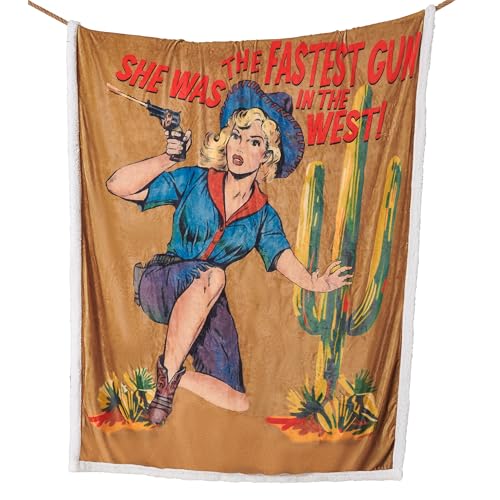 Paseo Road Indigo Hill by HiEnd Accents Gunslinger 54x68 Throw Blanket | Retro-Style Blonde Girl Desert Print, Rustic Southwestern-Style Western Sherpa Fleece Blanket for the Couch, Sofa, or Bed - color: Gunslinger
