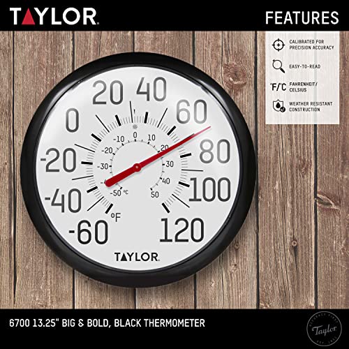 Taylor Big and Bold Wall Thermometer, Indoor Outdoor Thermometer, Wireless Thermometer with Easy to Read Numbers for Patio, Pool, and Indoor Areas, 13.25-inch, Black - color: Black, size: 13.25 inches (Pack of 1)