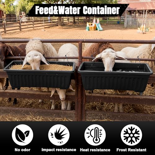 4 Pack 12 Quart Large Feed Trough Goat Horse Feeders Plastic Hanging Feeder with Clips and Nylon Cable Tie Water Trough Supplies Dog Horse Hog Pig Livestock Poultry for Large Animal Black