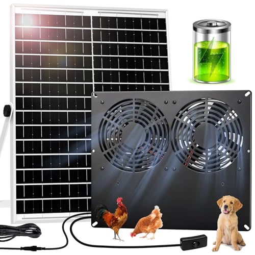 25W Metal Frame Solar Powered Fan with Battery | IP65 Waterproof Solar Exhaust/Intake Fan for Chicken Coop, Greenhouse, Dog House and Shed, Low Noise