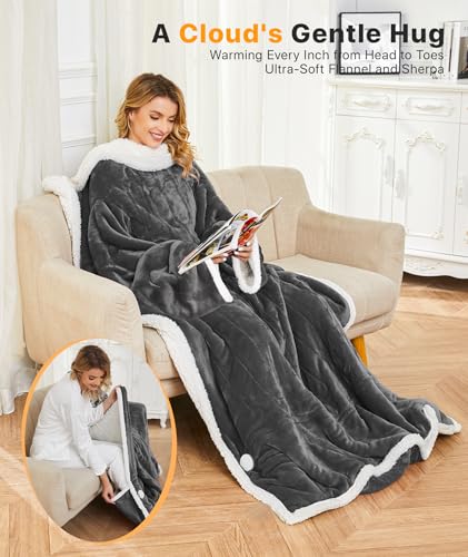 SIHOHAN Portable Heated Blanket with Foot Pockets for Wearable | Heated Throw Blanket, Flannel & Sherpa, 8 Heat Levels & Timer, 50x70 Inch Grey Home Office Travel, Machine Washable - size: 50*70 Grayish White