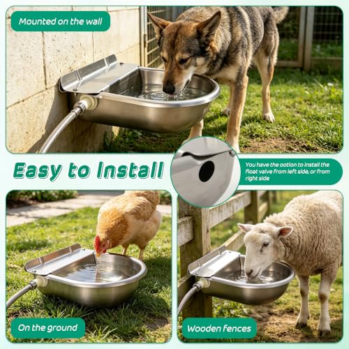 Automatic Livestock Waterer Bowl,304 Stainless Steel Float Valve Pet Bowl | 2.5L |Self Filling|for Large Dogs Chickens Horses|2 Drain Plug for Easy Clean|39''Pipe Fit 3/4'' GHT Male Faucet|Wall Mounted