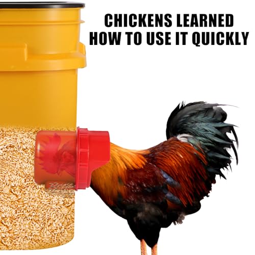 Chicken Feeder No Waste, 10 Ports Automatic Poultry Feeder with Covers & Hole Saw, Rain Proof Chicken Feeder Port for Buckets, Bins & Barrels - color: Red