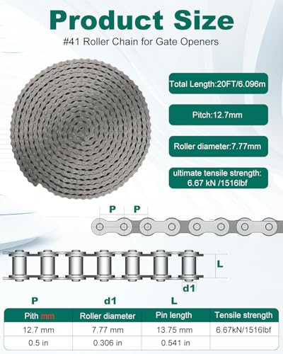 #41 Roller Chain for Gate Openers 20 Feet Carbon Steel Chains | #41 Chain for Extension Sliding Automatic Gate Opener Garage Door Bike Go Kart Chain - style: #41