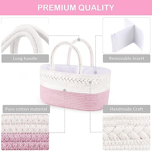 ABenkle Diaper Caddy Organizer, Rope Woven Storage Baske, Pink | Cotton Rope, Nursery Storage Basket for car & changing table | holds diapers, wipes & baby essentials | durable - color: Pink, size: Large